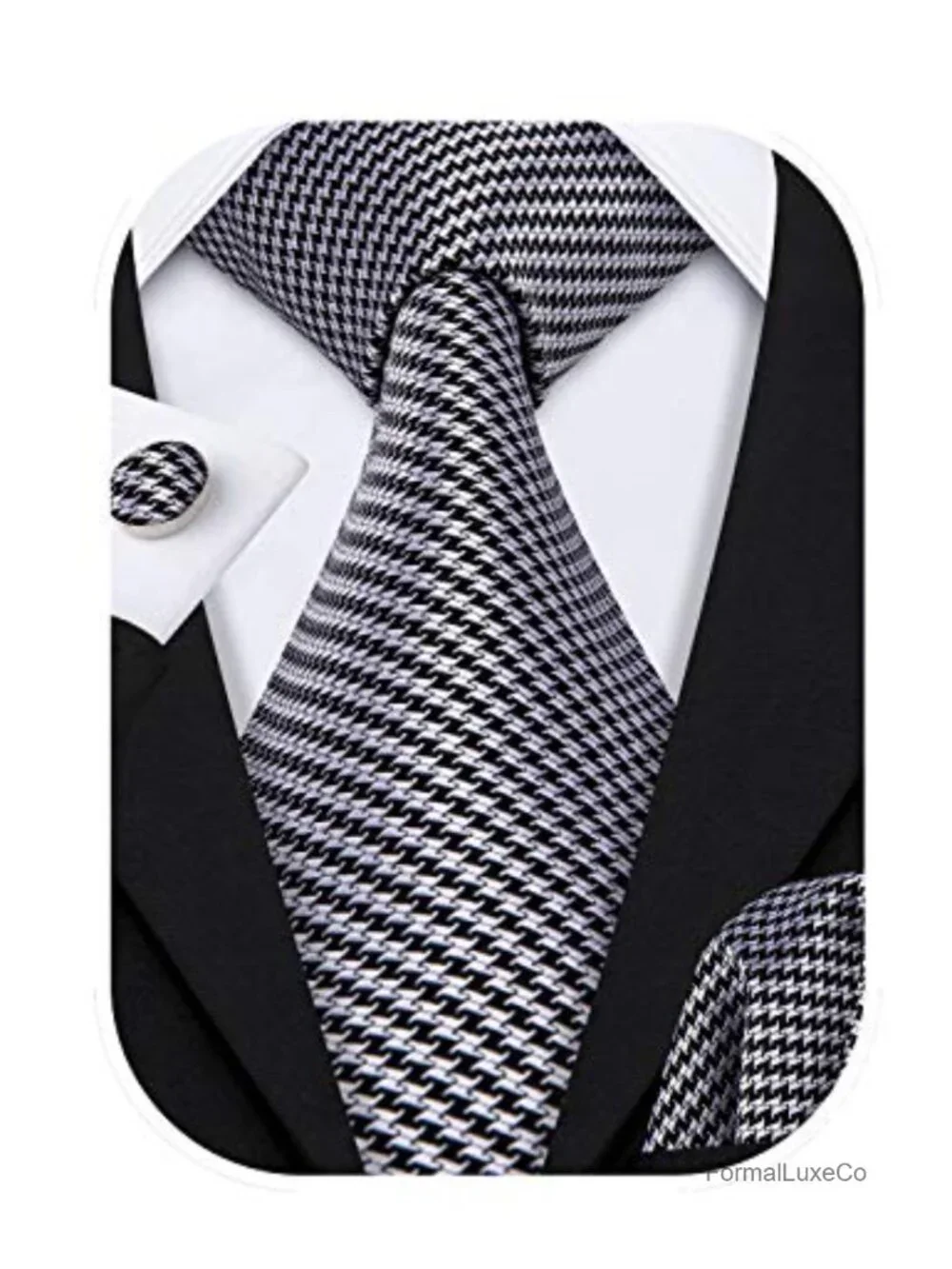 Silk Tie Set with Pocket Square & Cufflinks, Jacquard Woven
